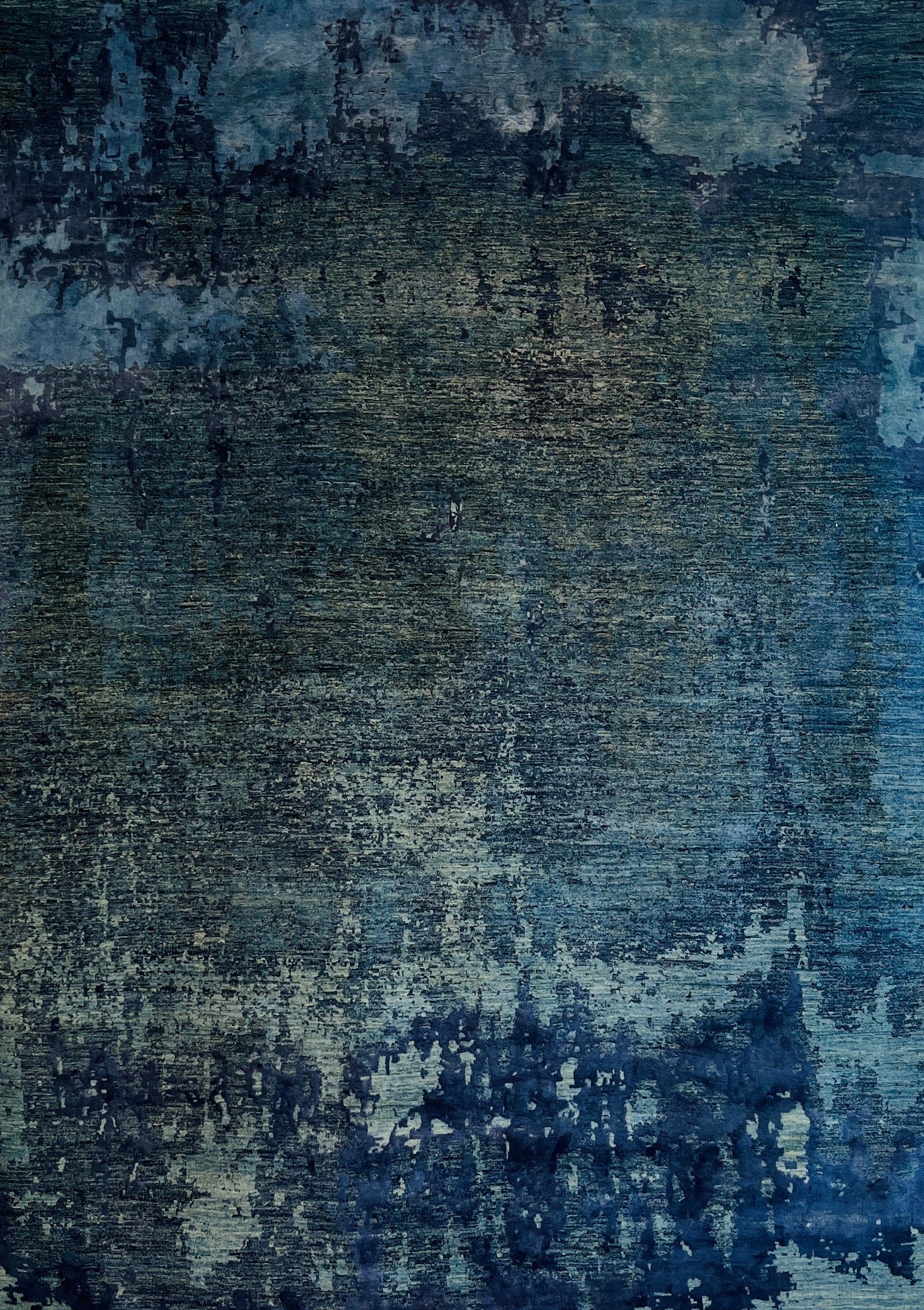 AC_2269_Hand-knotted Blue Mist rug by Wendy Guns, featuring deep ocean blues, soft green shadows, and silvery mist tones in a fluid, abstract gradient design.