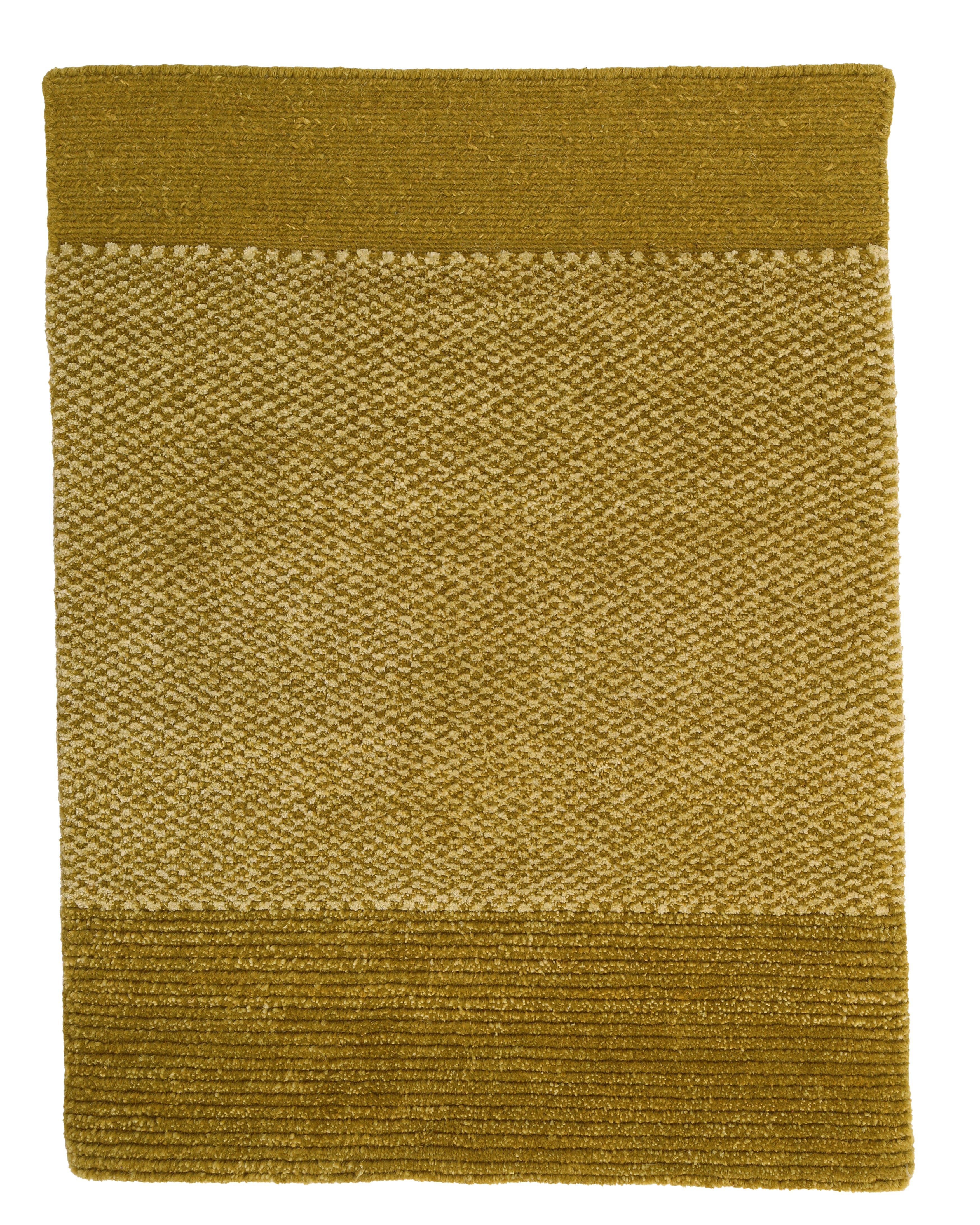 A rectangular sample rug with a solid green color and a textured pattern.