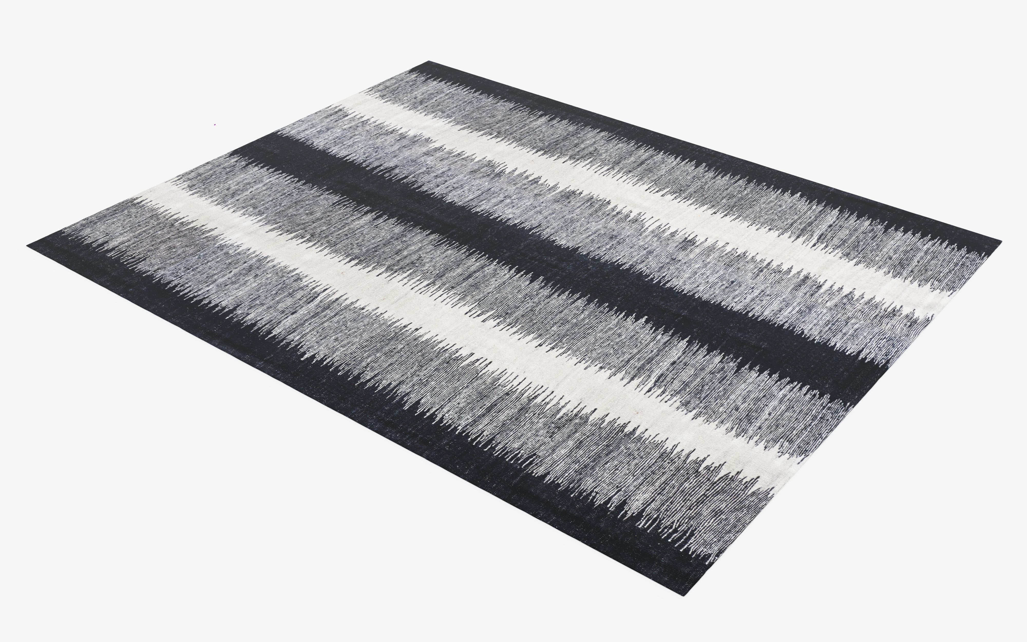 Striped kilim with black and white zigzag stripes on a white background