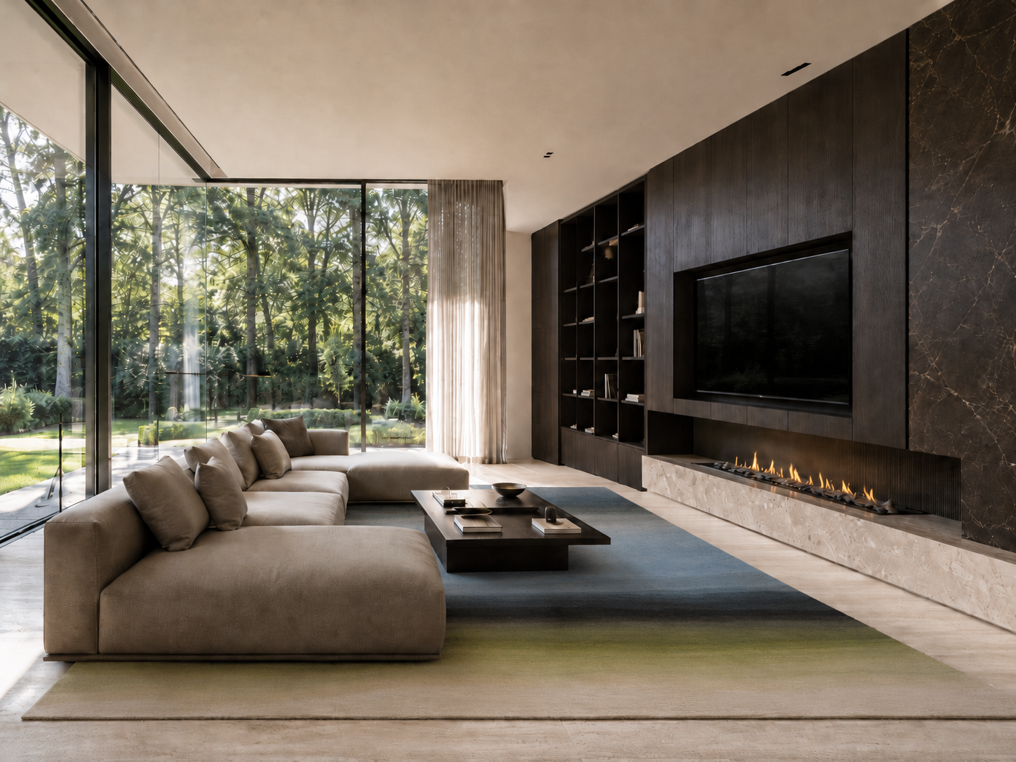 Modern living room with a large sofa, coffee table, and wall-mounted TV.