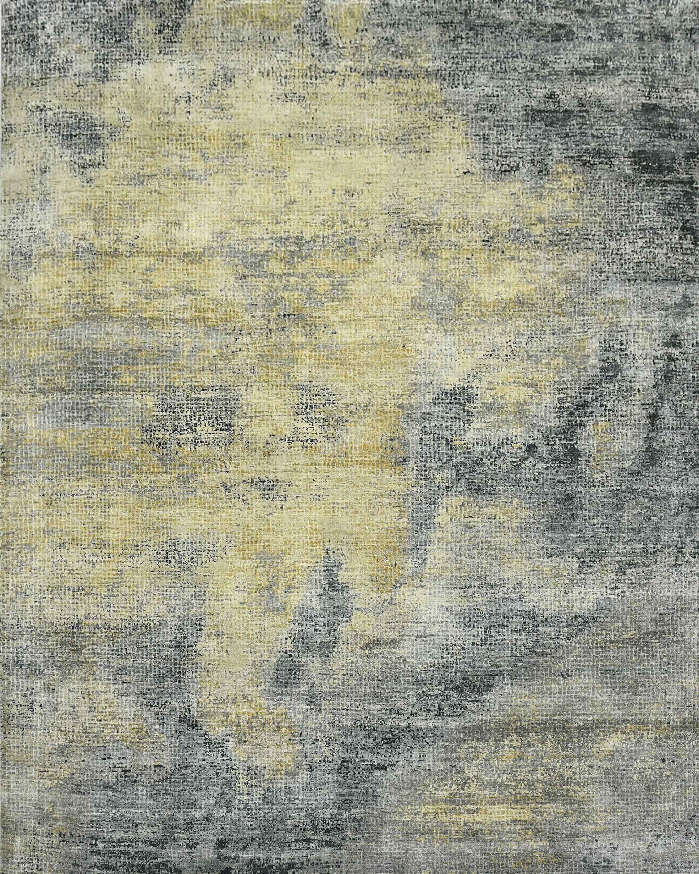 A hand-knotted Indian design rug with a mosaic pattern in beige, gold, and gray tones.