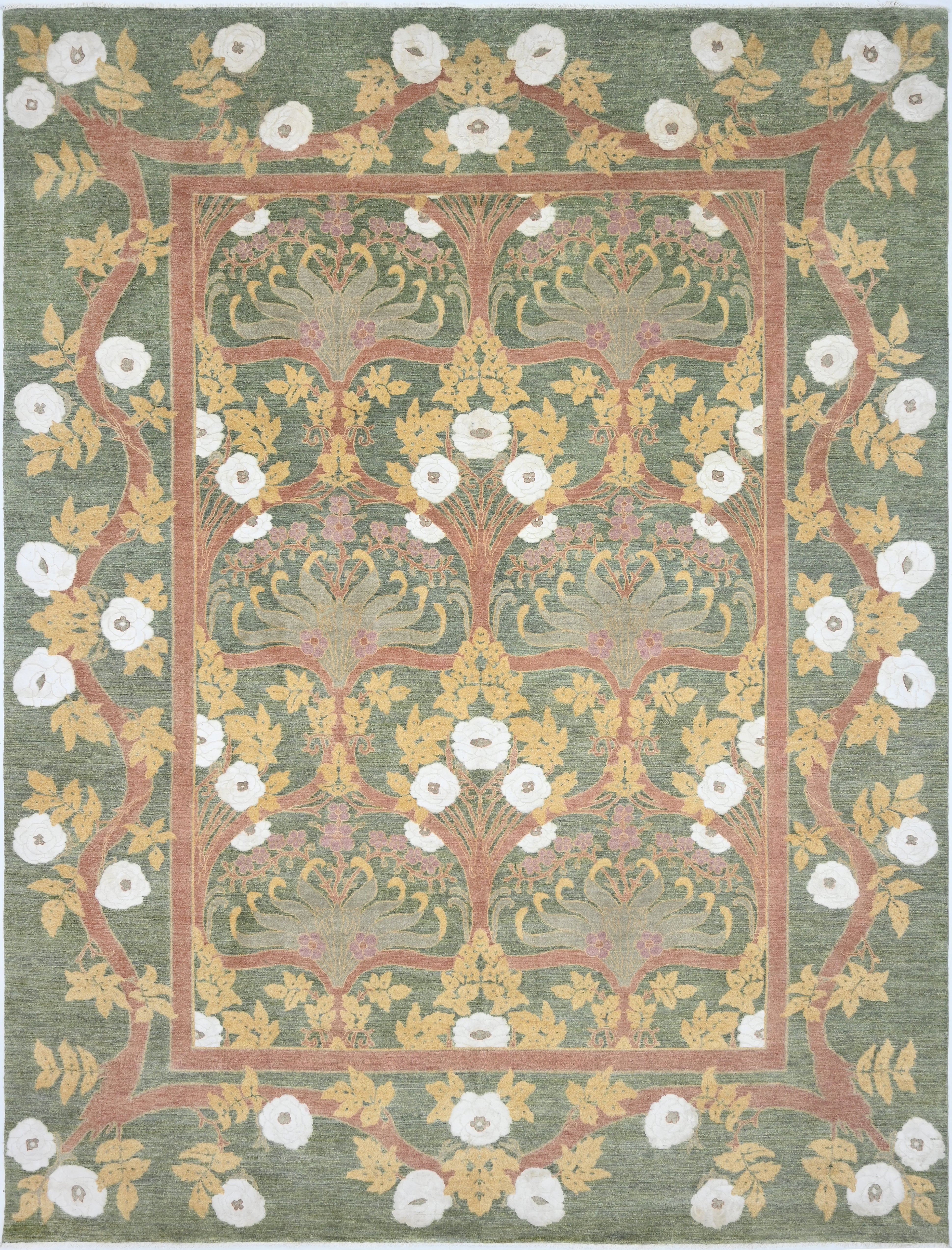 Decorative rug with floral pattern and white flowers on a green background