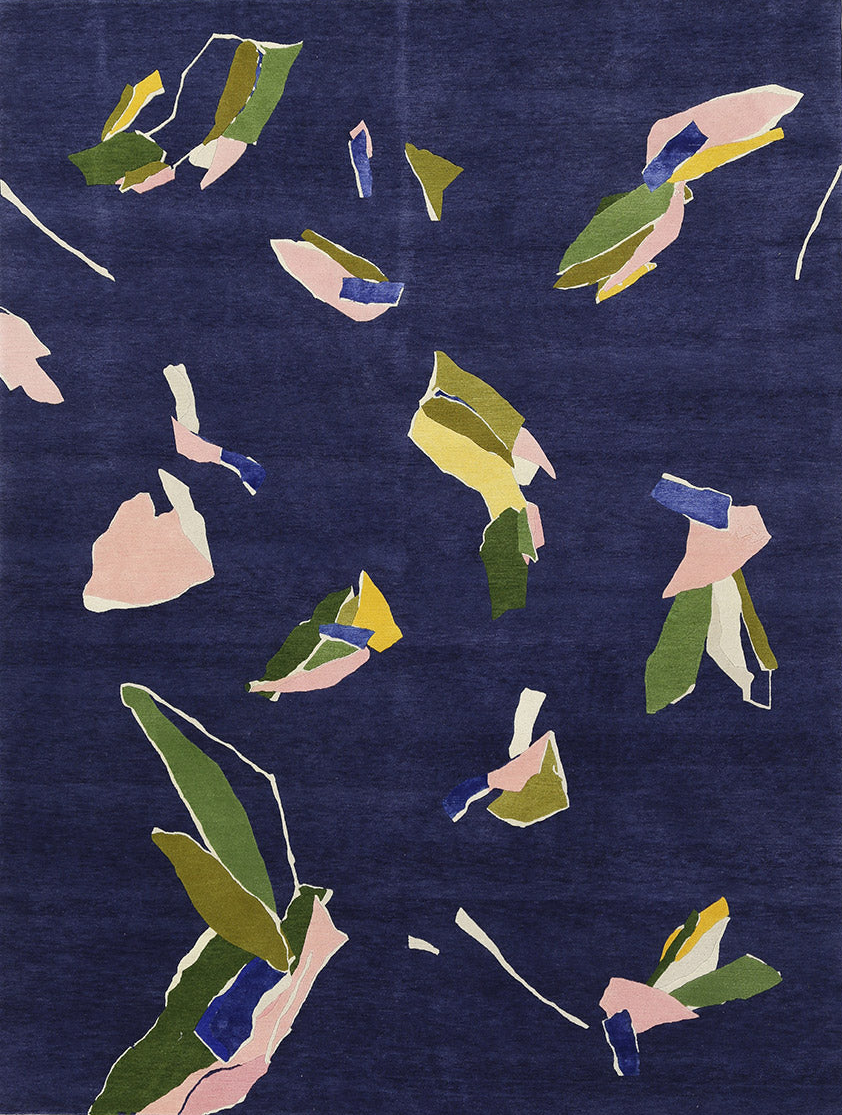 Abstract pattern of colorful shapes on a dark blue background christian wijnants blue leaves fashiondesigner
