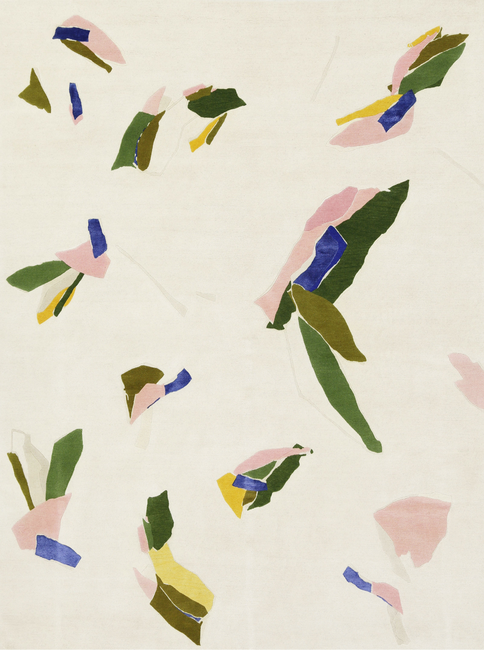 A carpet with an abstract exotic floral print in various colors including blue, green, pink, and yellow on a white background christian wijnants white leaves fashiondesigner
