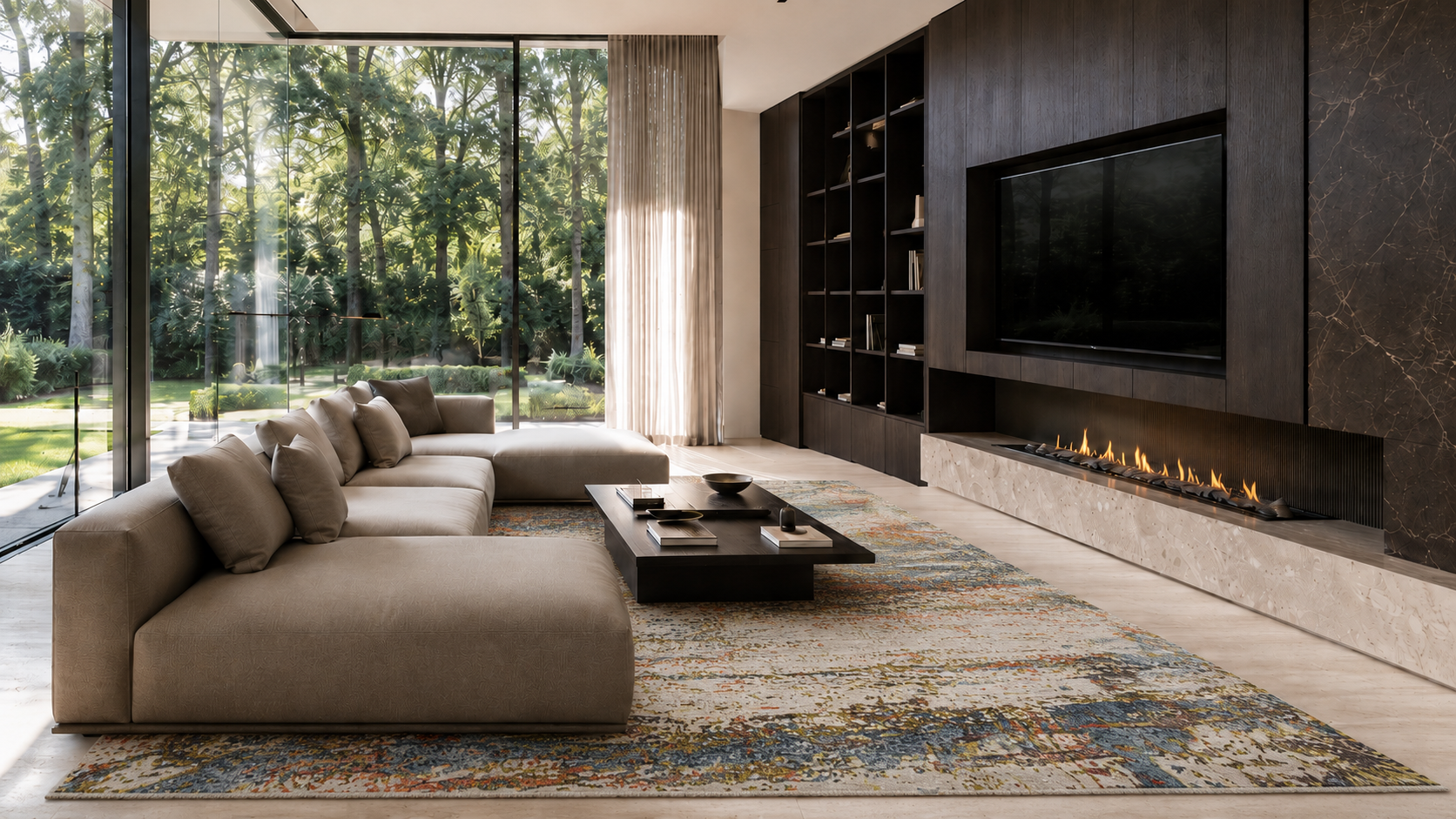 Modern living room with a large sectional sofa, coffee table, and wall-mounted TV.