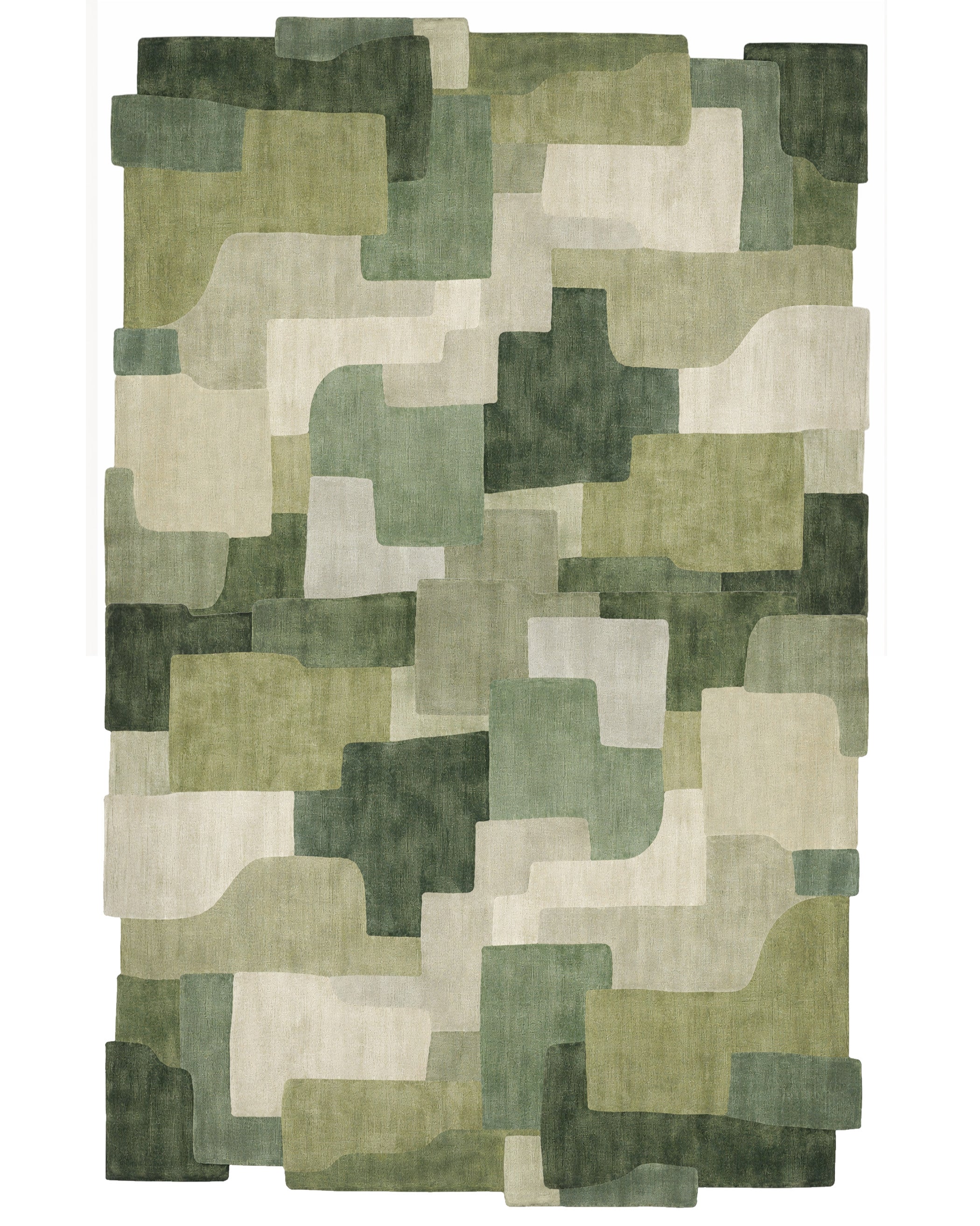 Sage Mosaic custom wool and silk rug handmade in Nepal with layered sage green and olive mosaic design