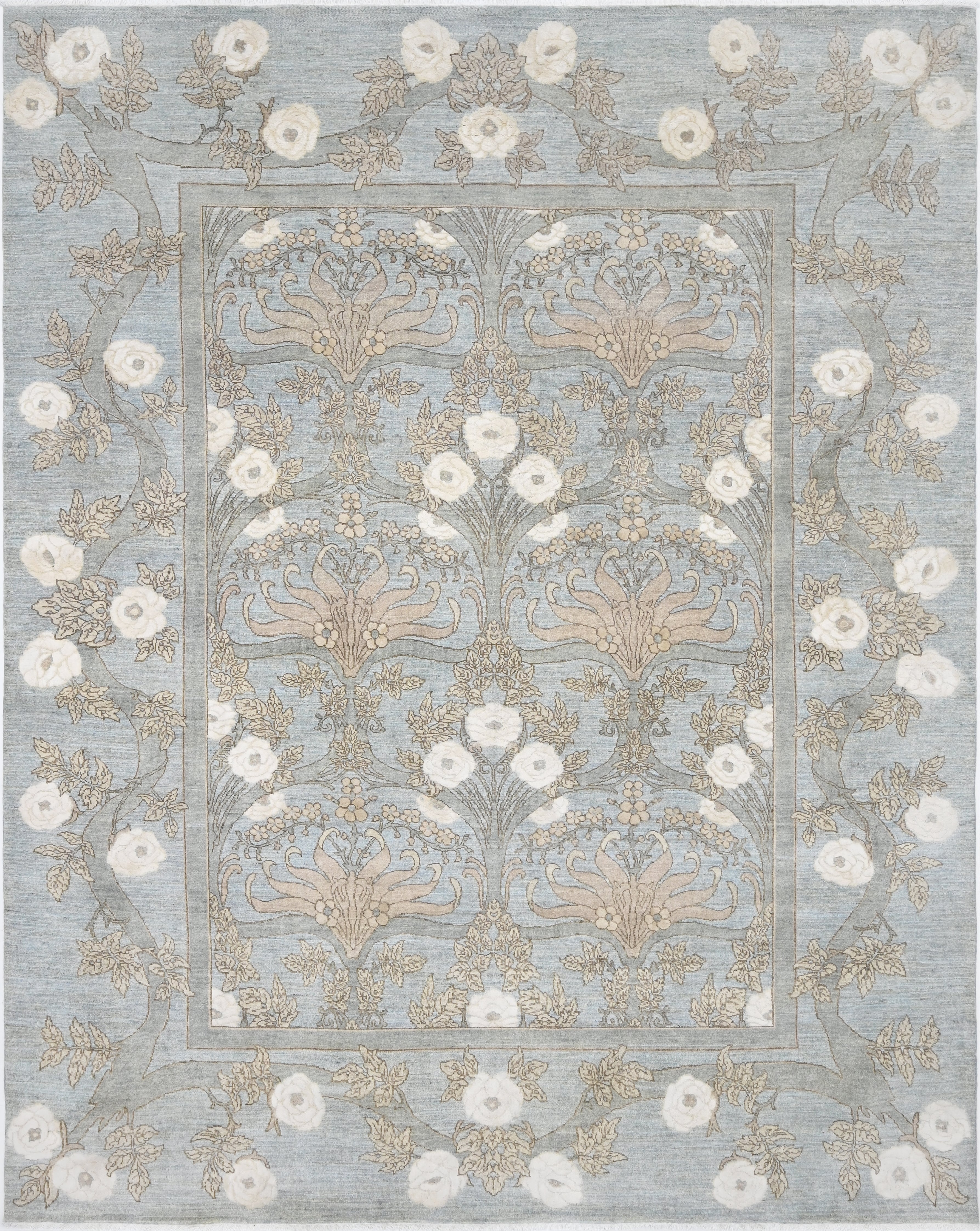 Decorative rug with floral pattern on a light blue background