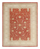 A traditional Afghan wool rug with a red base and intricate white and beige floral patterns, including a central medallion and borders.