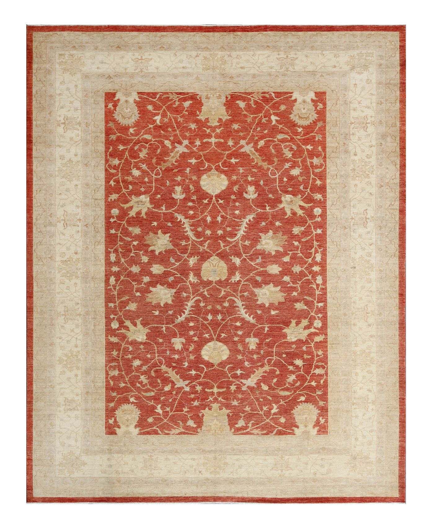 A traditional Afghan wool rug with a red base and intricate white and beige floral patterns, including a central medallion and borders.
