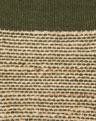 A rectangular jute moss green carpet sample with a textured pattern.