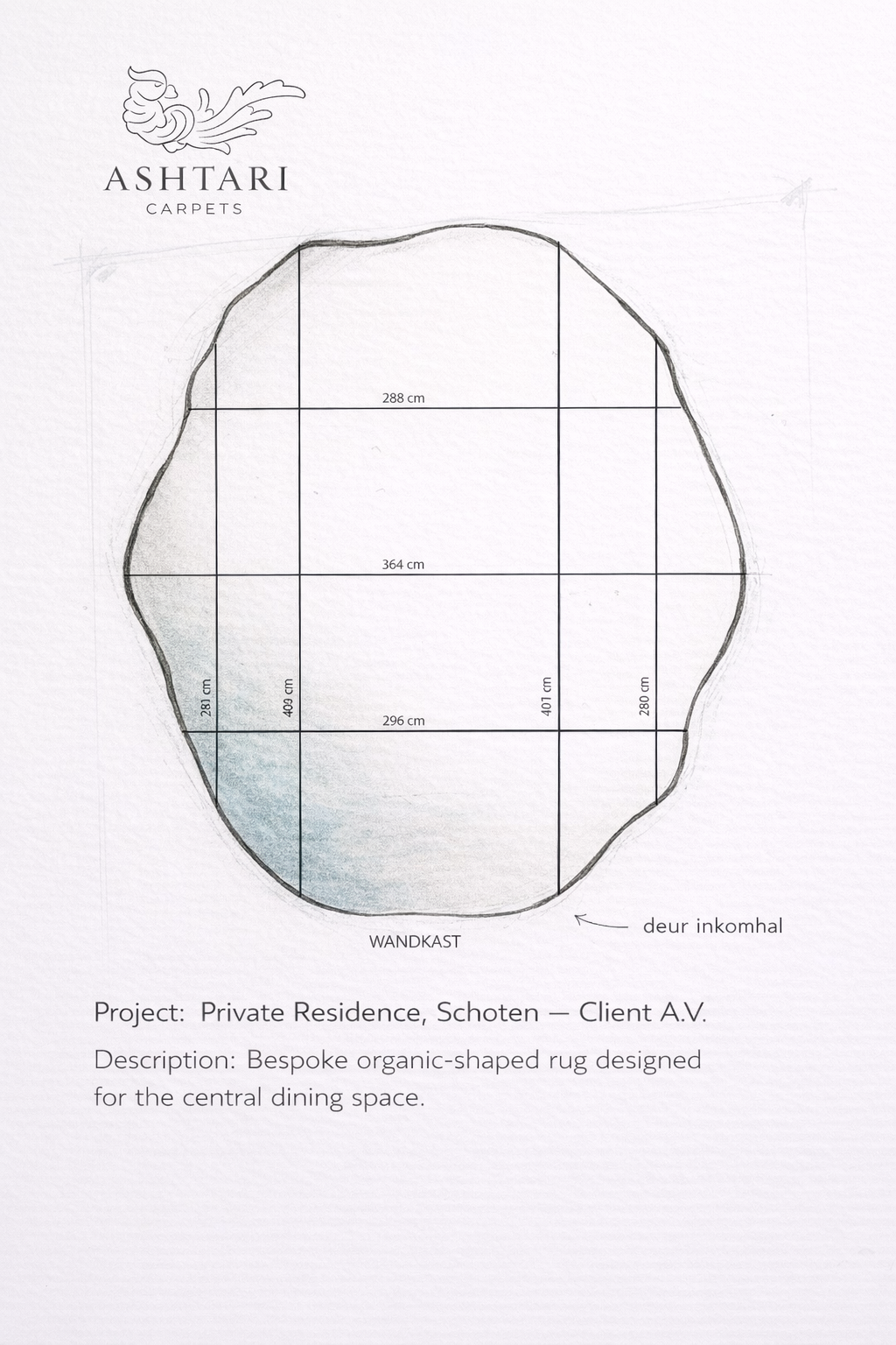 Hand-drawn custom organic rug shape with dimensions, designed to fit a dining area in a private residence.