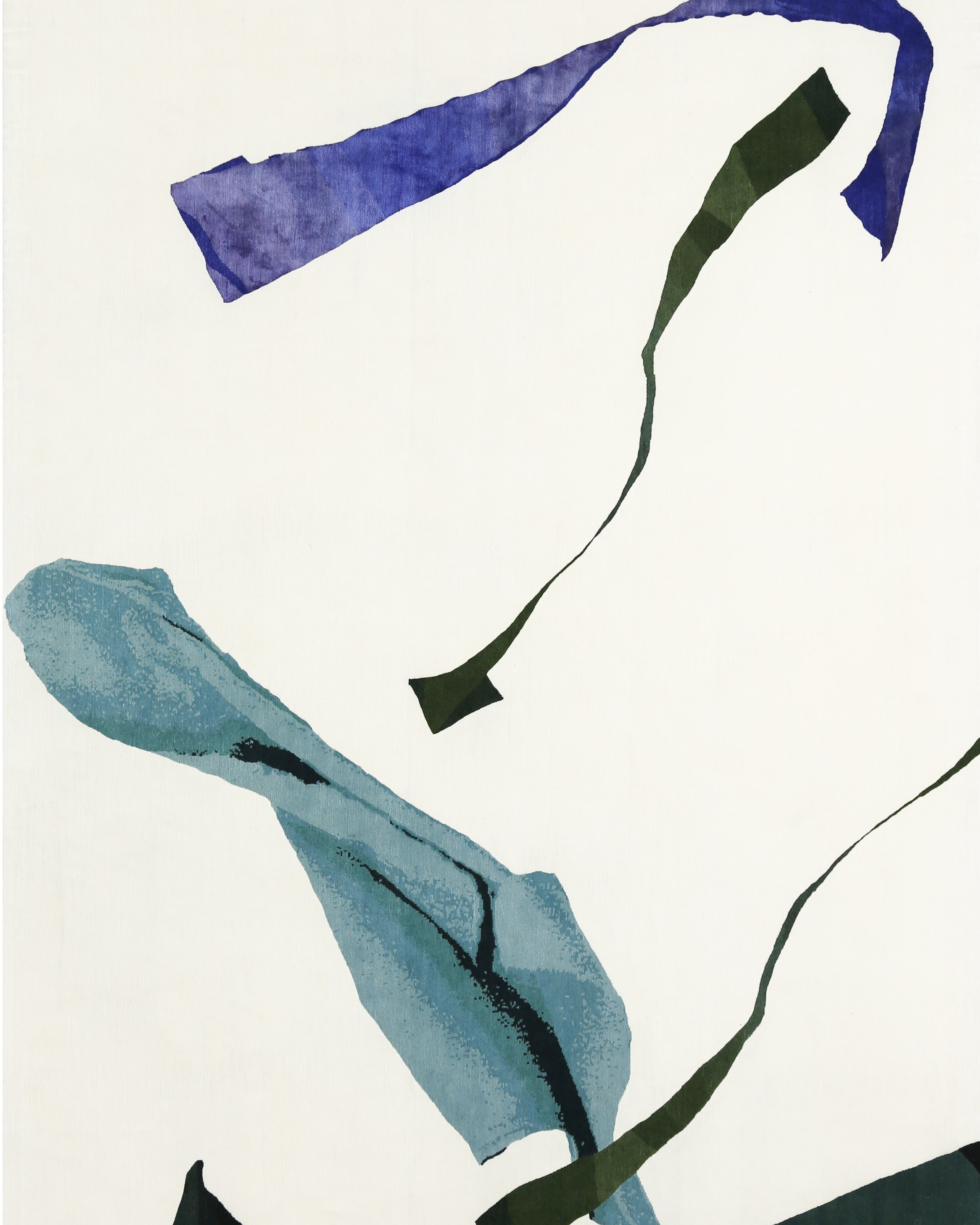 The image features an abstract artwork consisting of fluid-like blue and green shapes on a white background, indicative of the artistic and modern approach of the Muller Van Severen collaboration.