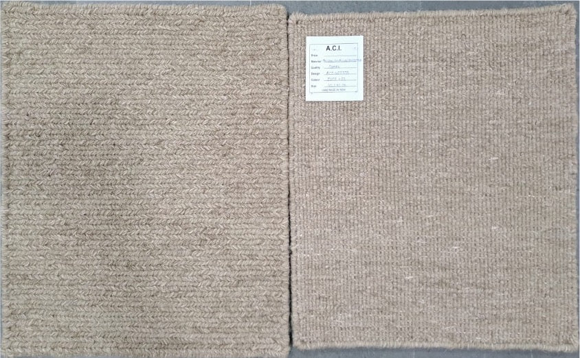 Two samples of textured beige fabric on a gray background with a label.