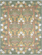 Decorative rug with floral pattern and white flowers on a green background