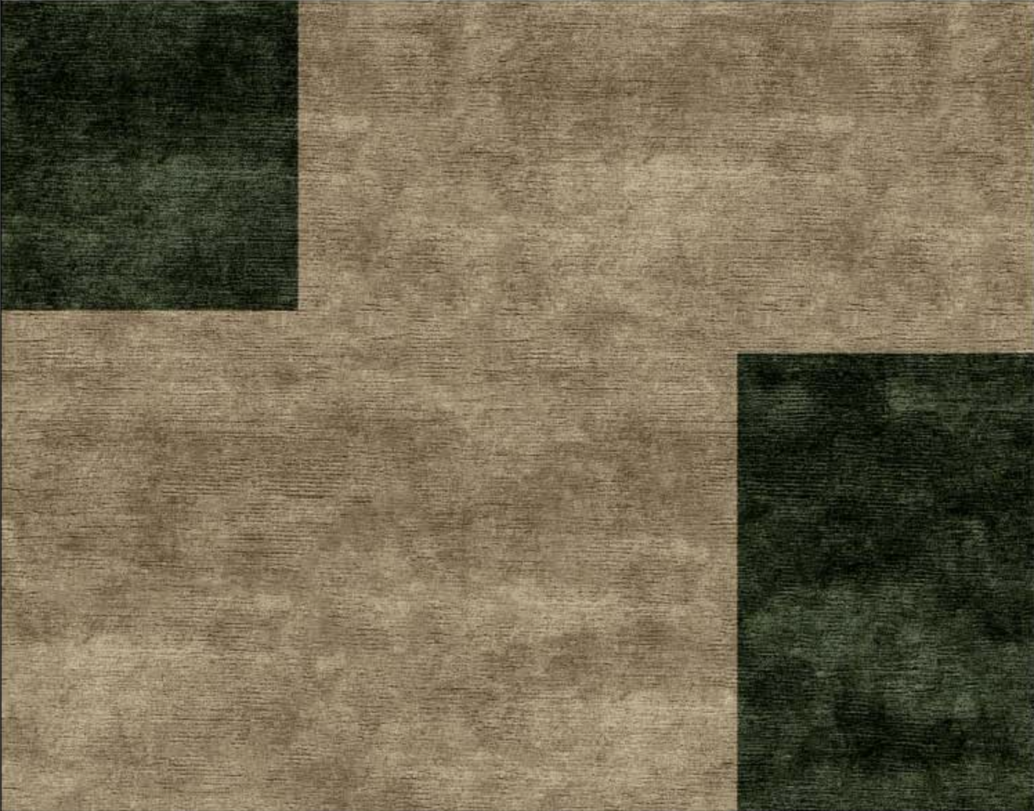 Bespoke 4x3 meter silk carpet designed in collaboration with LDV Architecten, featuring beige silk with deep green geometric accents by Ashtari Carpets.