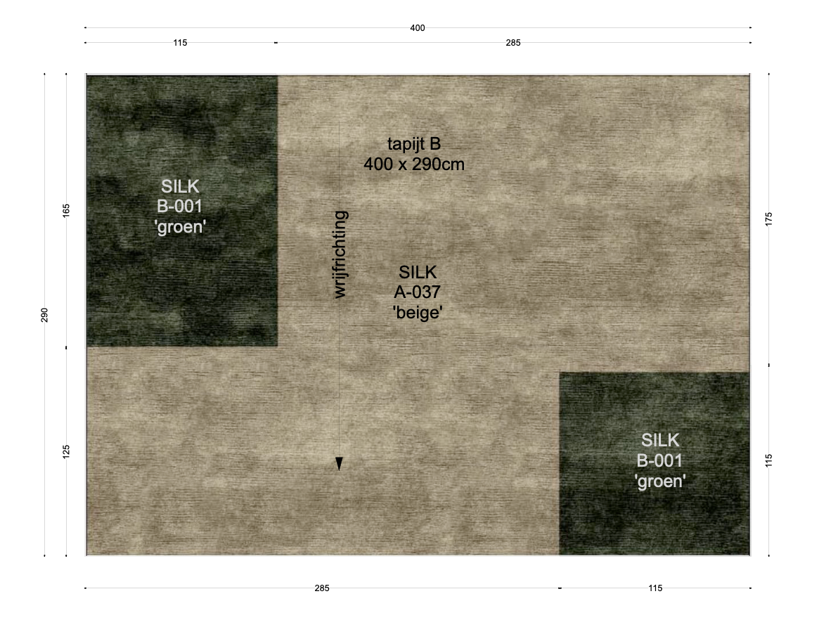 Technical layout drawing of a bespoke silk carpet with geometric color blocks designed in collaboration with LDV Architecten.