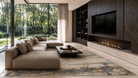 Modern living room with a large sectional sofa, coffee table, and wall-mounted TV.