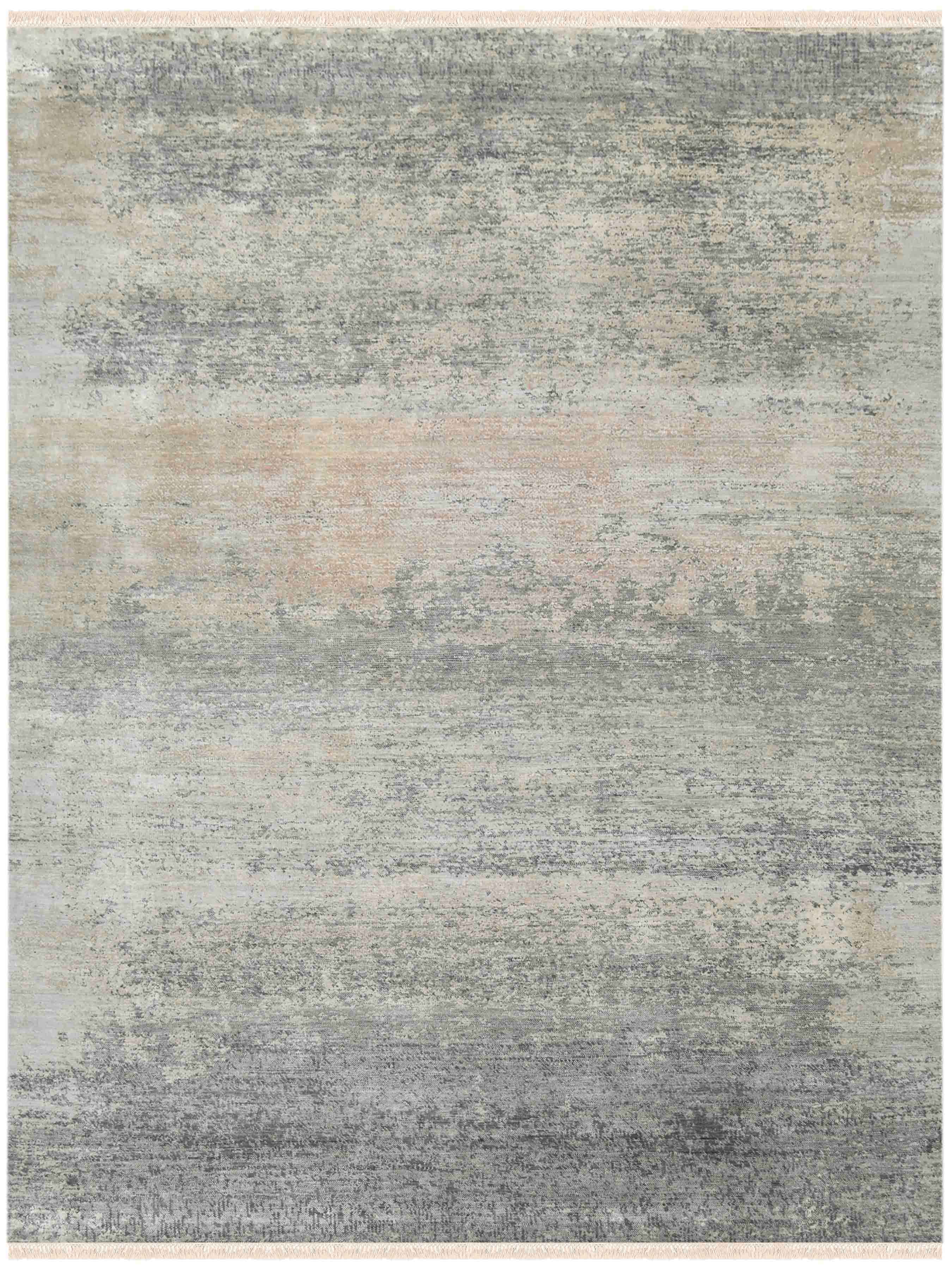 Abstract patterned rug with shades of gray, beige, and brown.