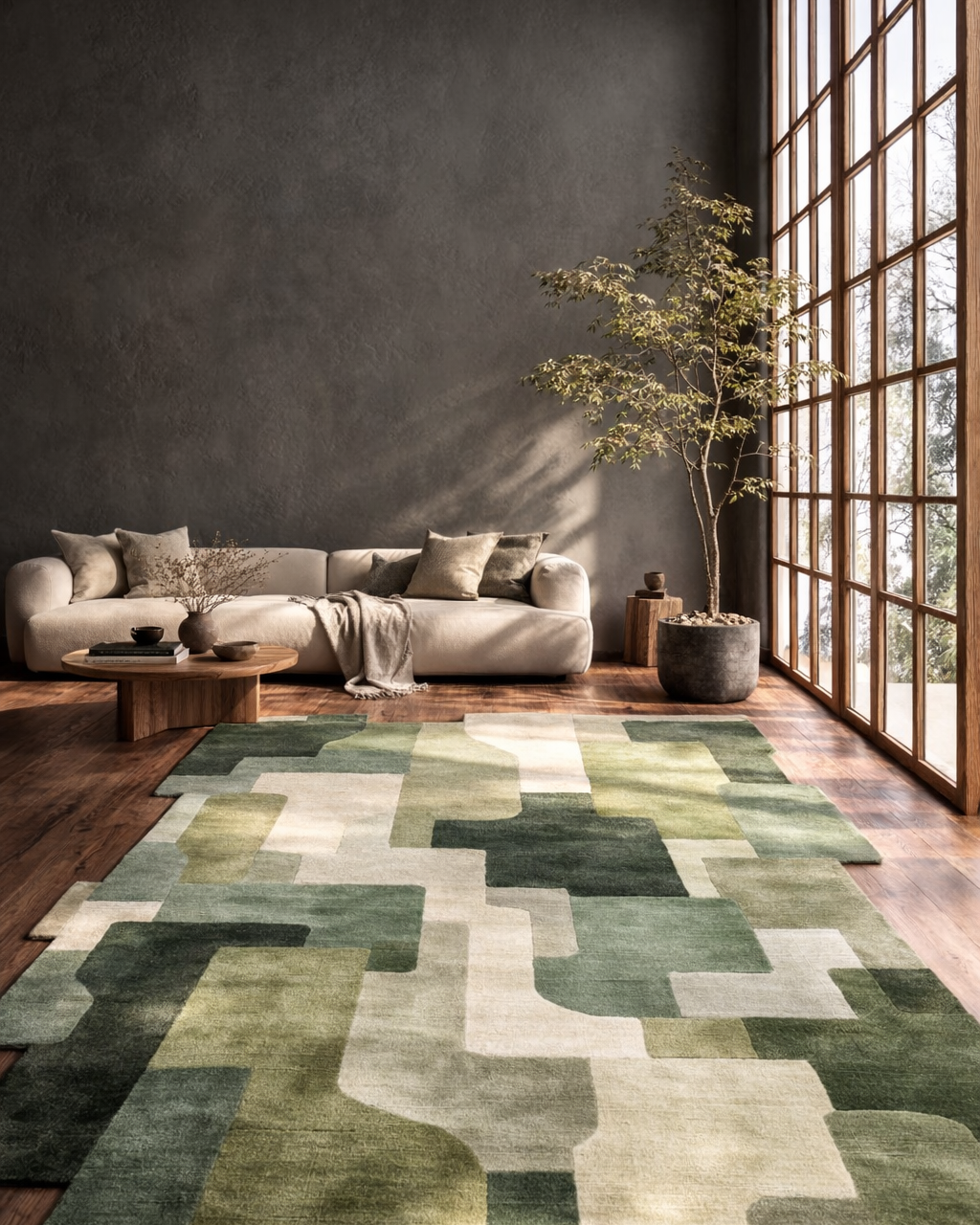 Sage Mosaic luxe maatwerk vloerkleed in wol en zijde, handgeknoopt in Nepal, modern interieur met beige sofa en houten vloer